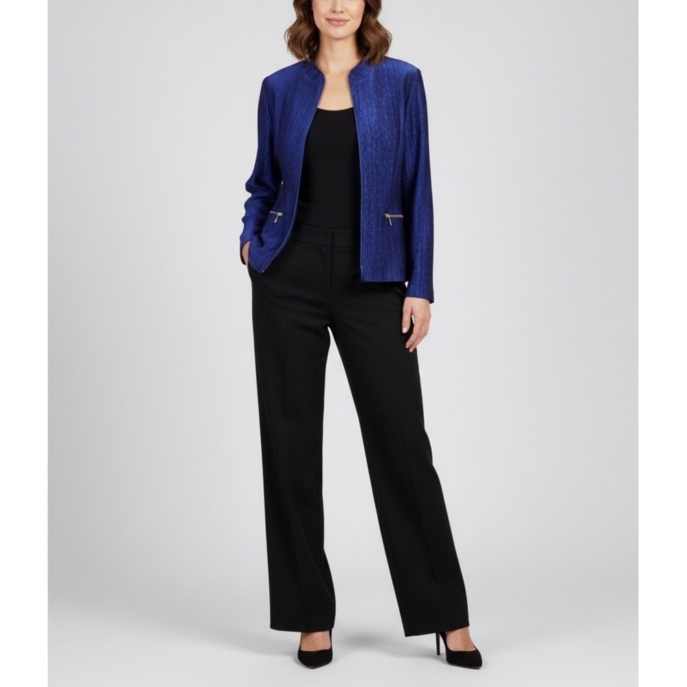 Chicos Womens Blazer Jacket Medium Royal Blue Crinkle Shine Long‎ Sleeve Career